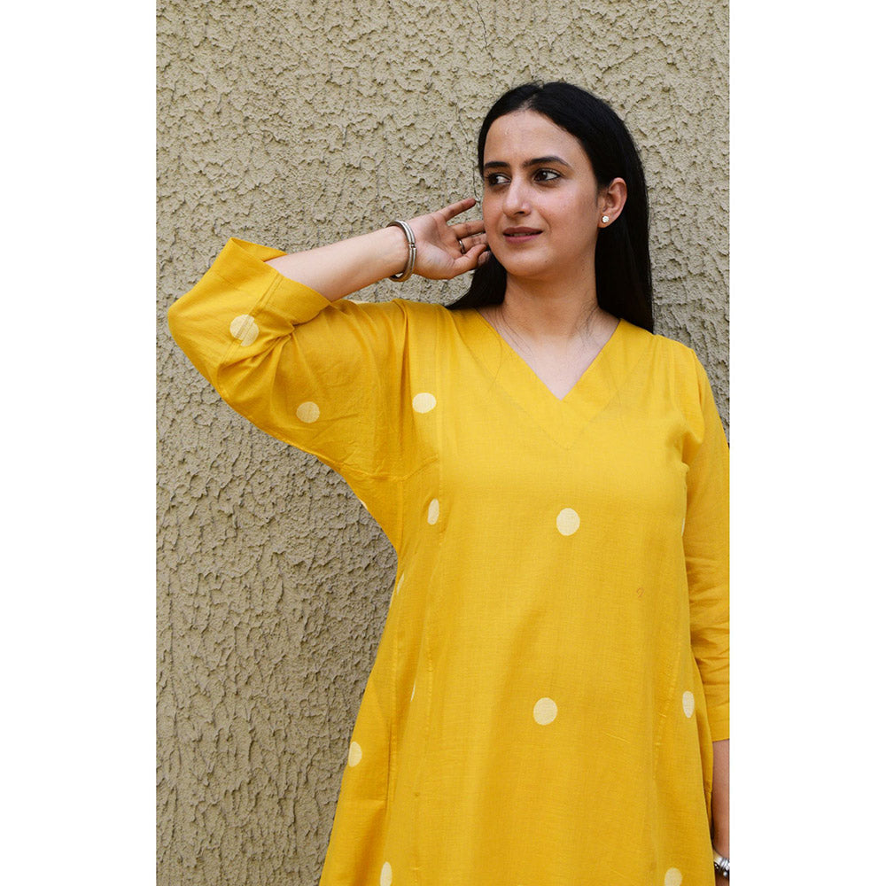 HOUSE OF MOXA Yellow Polka Dot Jamdani Kurta (Set of 2)