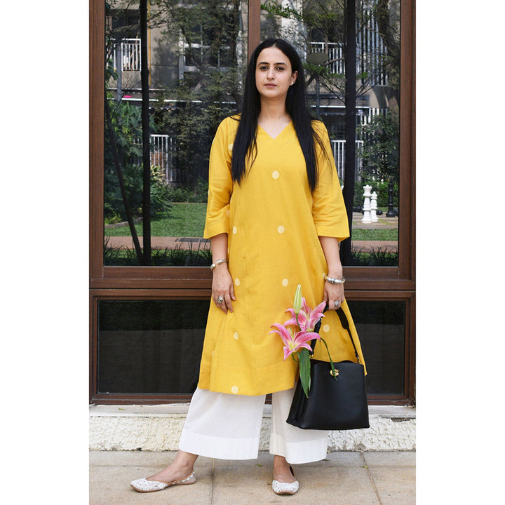 HOUSE OF MOXA Yellow Polka Dot Jamdani Kurta (Set of 2)