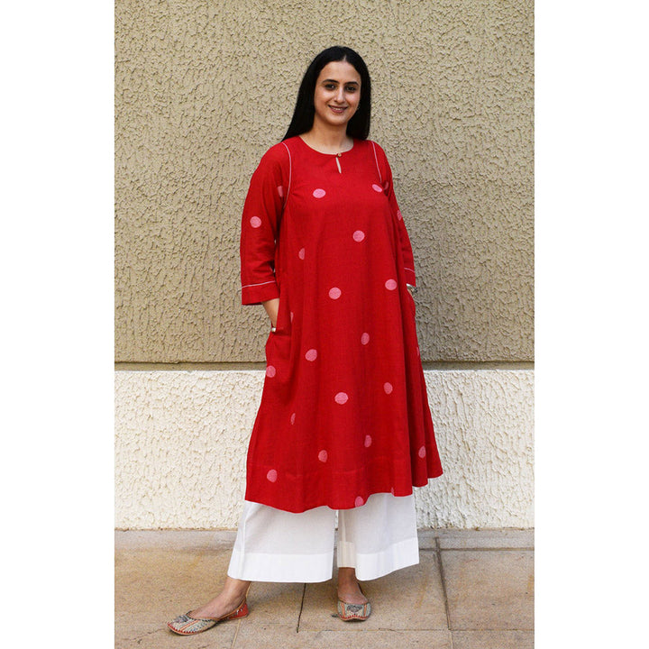 HOUSE OF MOXA Red Polka Dot Jamdani Kurta With Side Gathers (Set of 2)