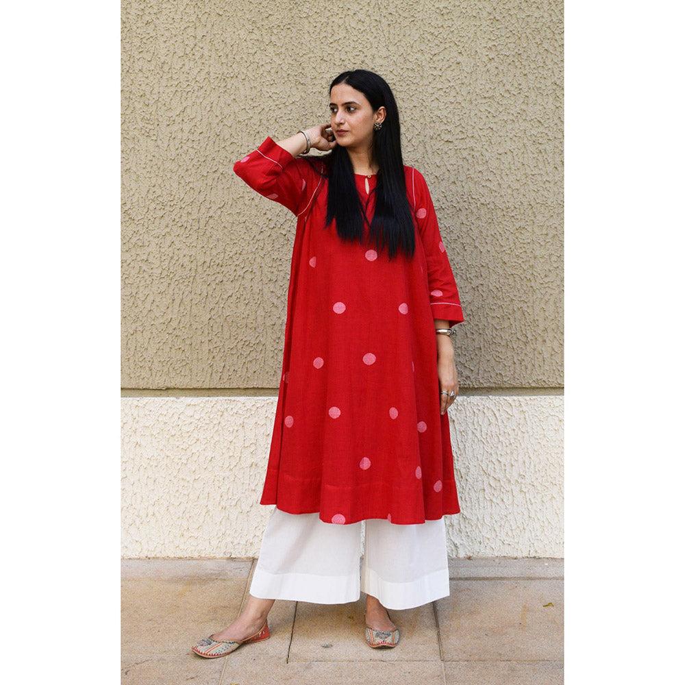 HOUSE OF MOXA Red Polka Dot Jamdani Kurta With Side Gathers (Set of 2)