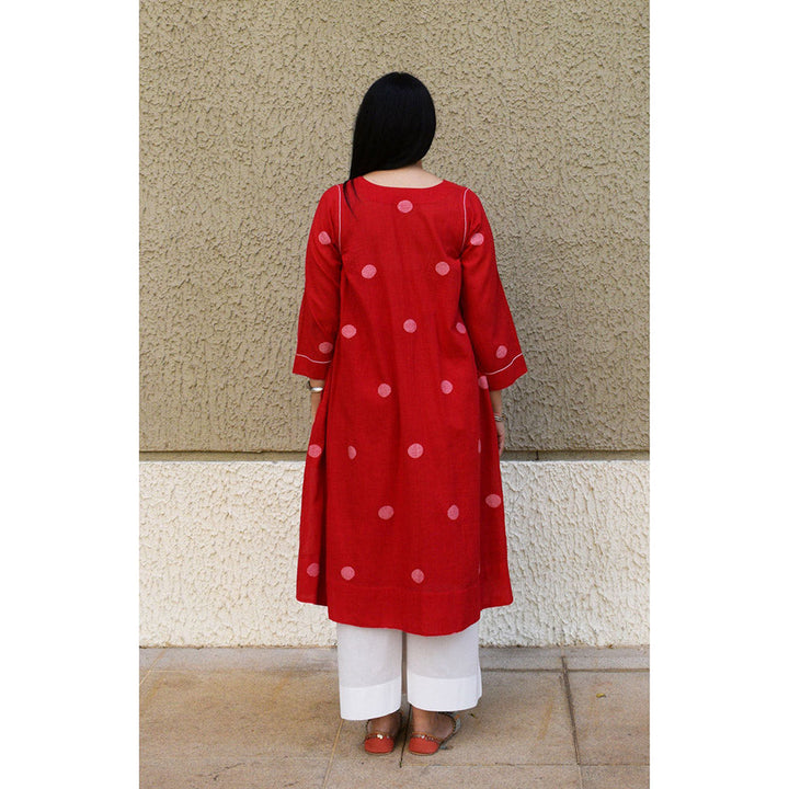 HOUSE OF MOXA Red Polka Dot Jamdani Kurta With Side Gathers (Set of 2)