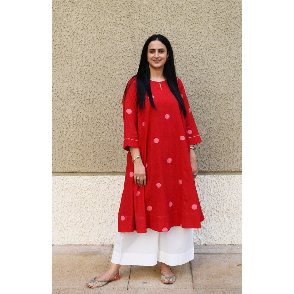 HOUSE OF MOXA Red Polka Dot Jamdani Kurta With Side Gathers (Set of 2)