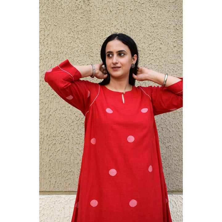 HOUSE OF MOXA Red Polka Dot Jamdani Kurta With Side Gathers (Set of 2)