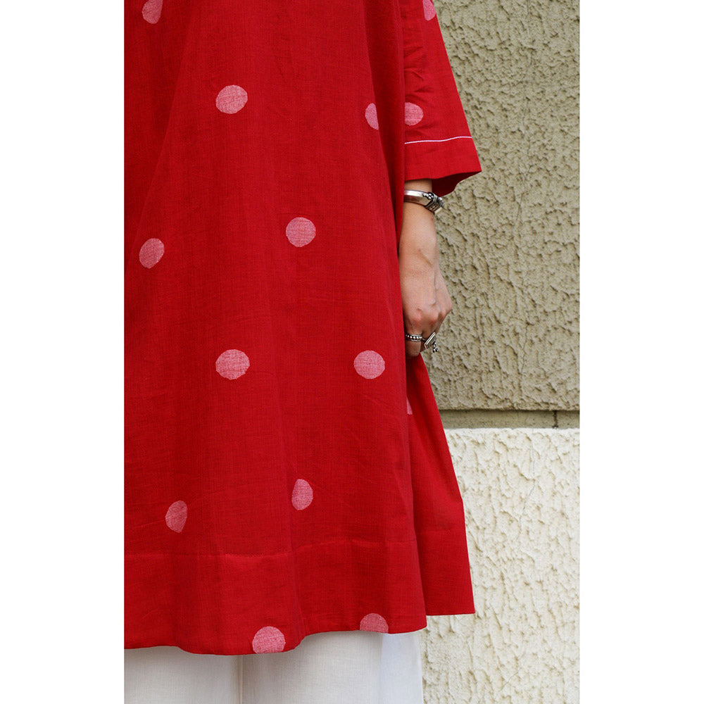 HOUSE OF MOXA Red Polka Dot Jamdani Kurta With Side Gathers (Set of 2)