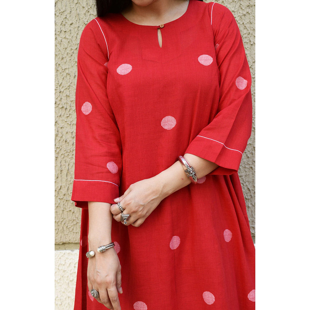 HOUSE OF MOXA Red Polka Dot Jamdani Kurta With Side Gathers (Set of 2)