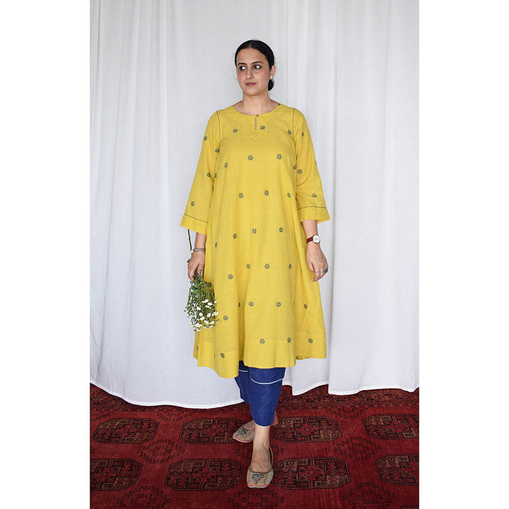 HOUSE OF MOXA Sunshine Yellow Jamdani Kurta with Side Gathers