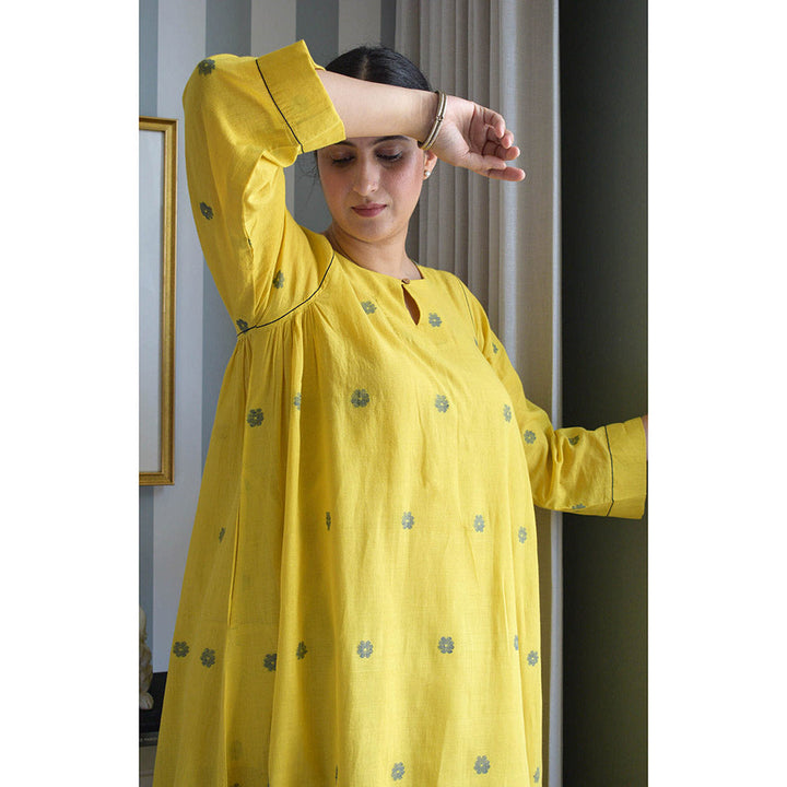 HOUSE OF MOXA Sunshine Yellow Jamdani Kurta with Side Gathers