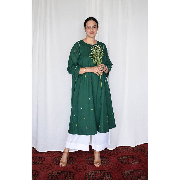 HOUSE OF MOXA Forest Green Jamdani Kurta with Side Gathers