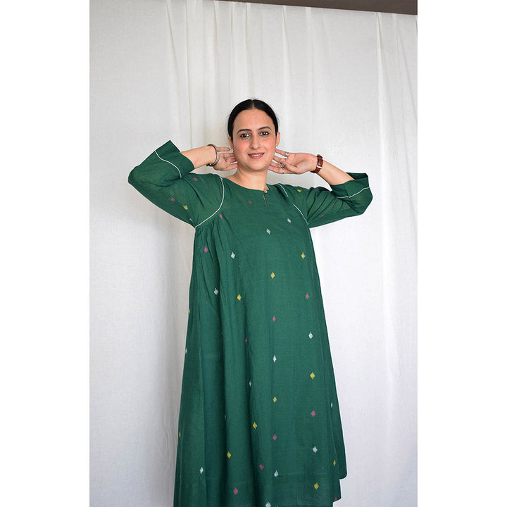 HOUSE OF MOXA Forest Green Jamdani Kurta with Side Gathers