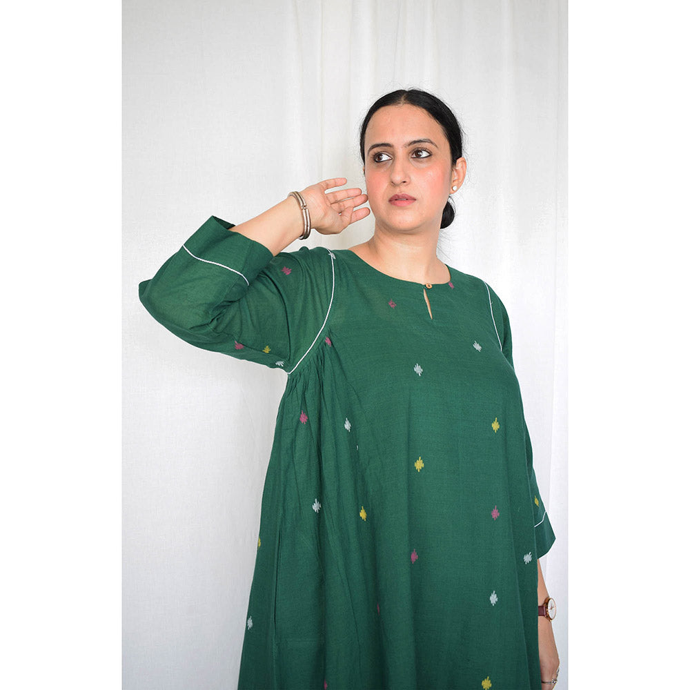 HOUSE OF MOXA Forest Green Jamdani Kurta with Side Gathers