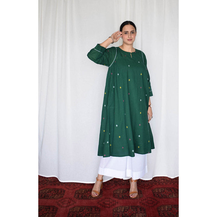 HOUSE OF MOXA Forest Green Jamdani Kurta with Side Gathers