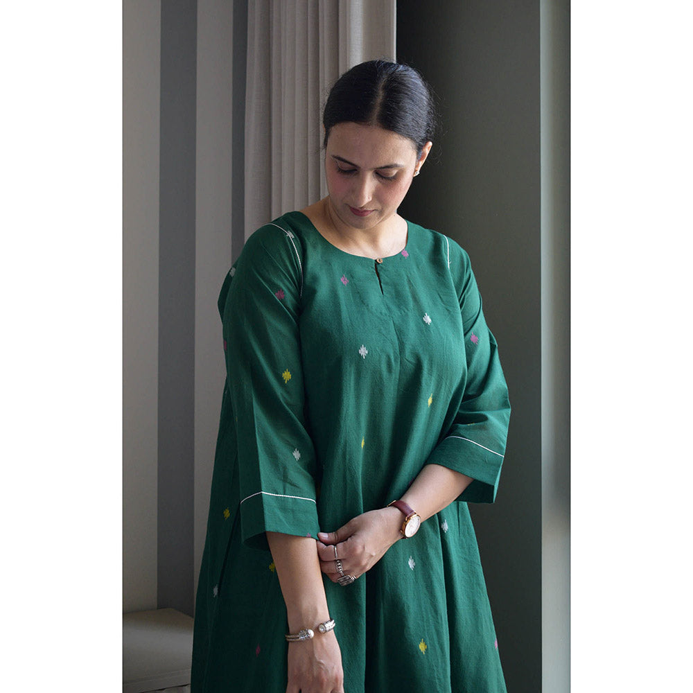 HOUSE OF MOXA Forest Green Jamdani Kurta with Side Gathers