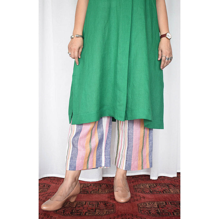 HOUSE OF MOXA Green Linen Kurta with Striped Pants (Set of 2)