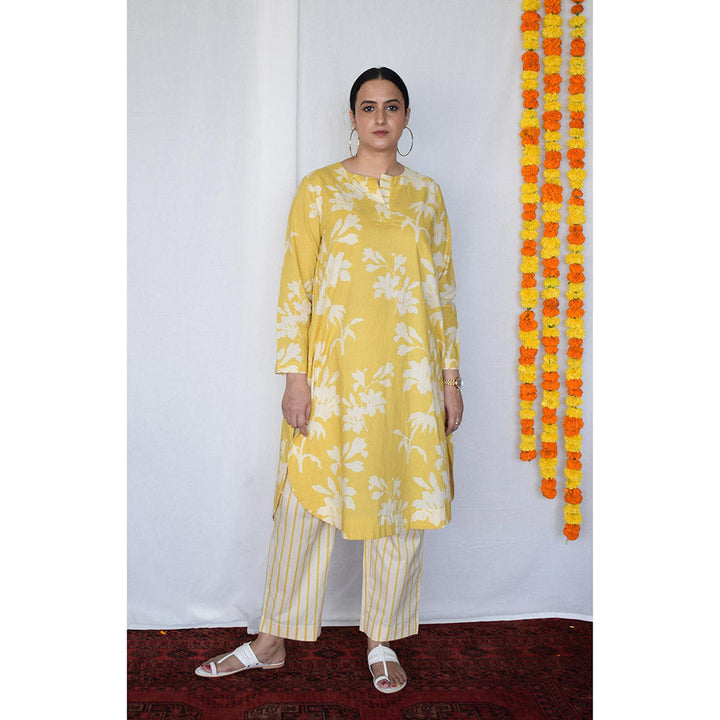 HOUSE OF MOXA Yellow Floral Kurta With Striped Pant (Set of 2)