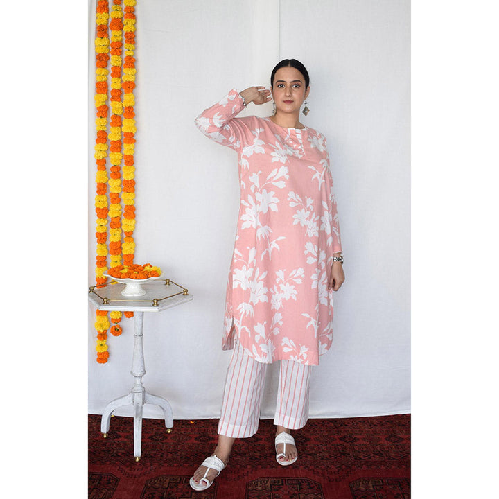 HOUSE OF MOXA Pink Floral Kurta With Striped Pant (Set of 2)