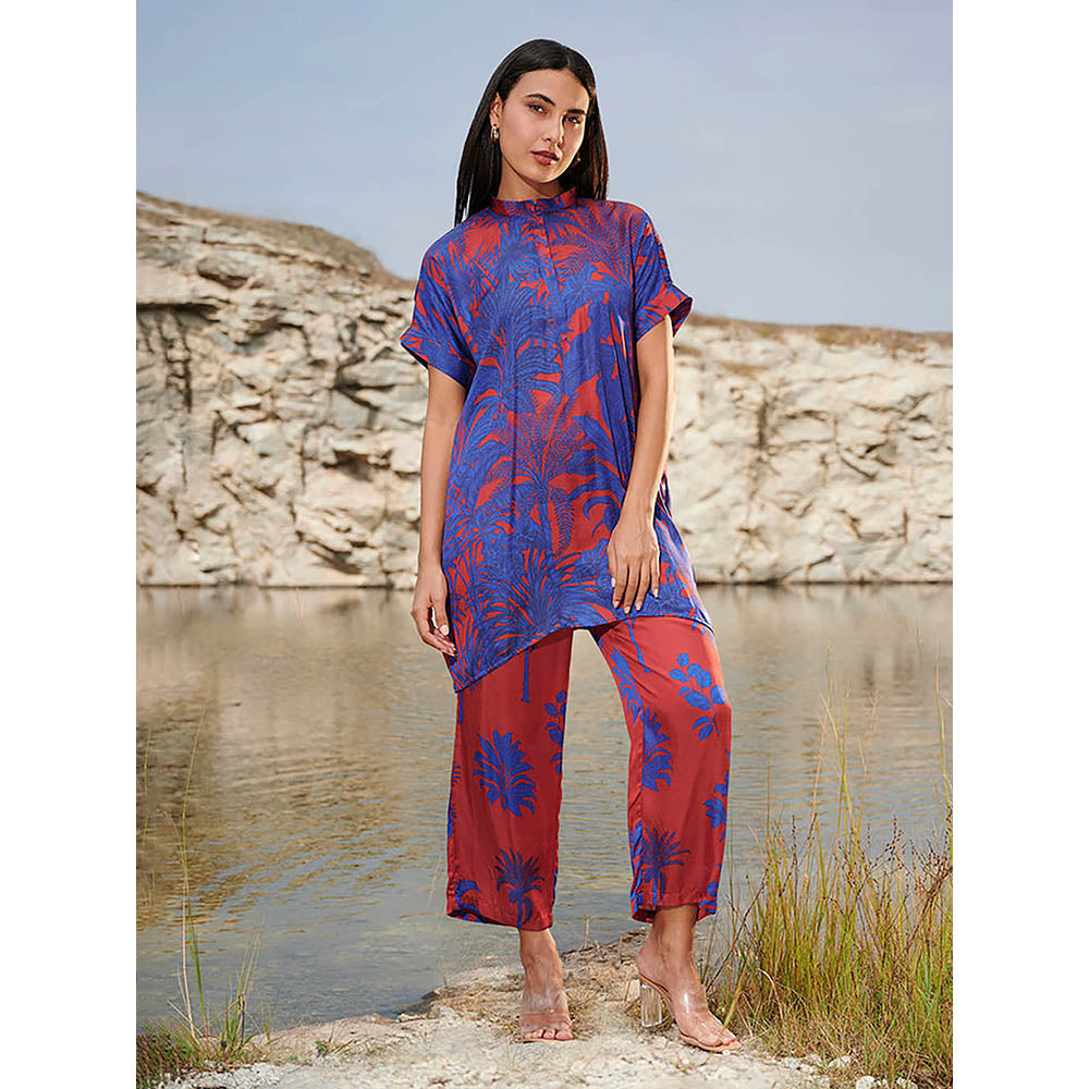 House of Soi Oceana Blue & Red Top & Pant Co-Ord (Set of 2)