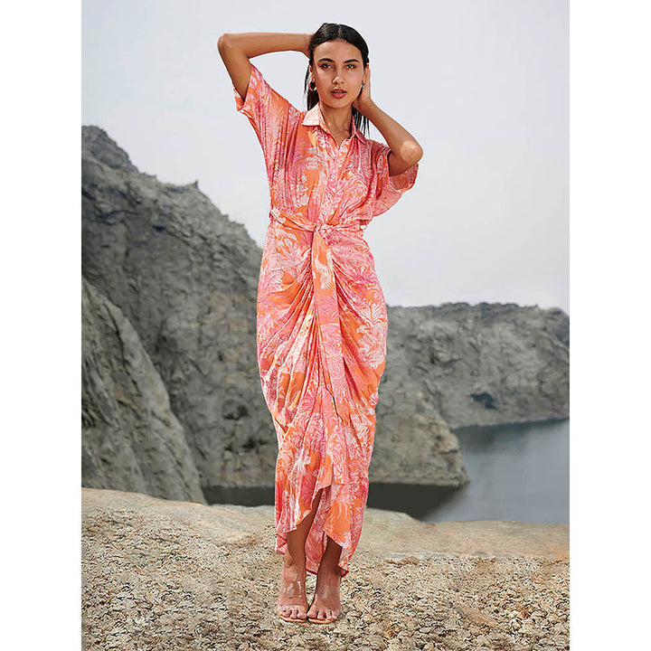 House of Soi Orange & Pink Printed Sonia Dress with Belt (Set of 2)