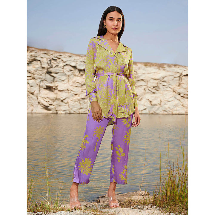 House of Soi Purple & Green Frosted Printed Shirt with Pant Co-Ord with Belt (Set of 3)