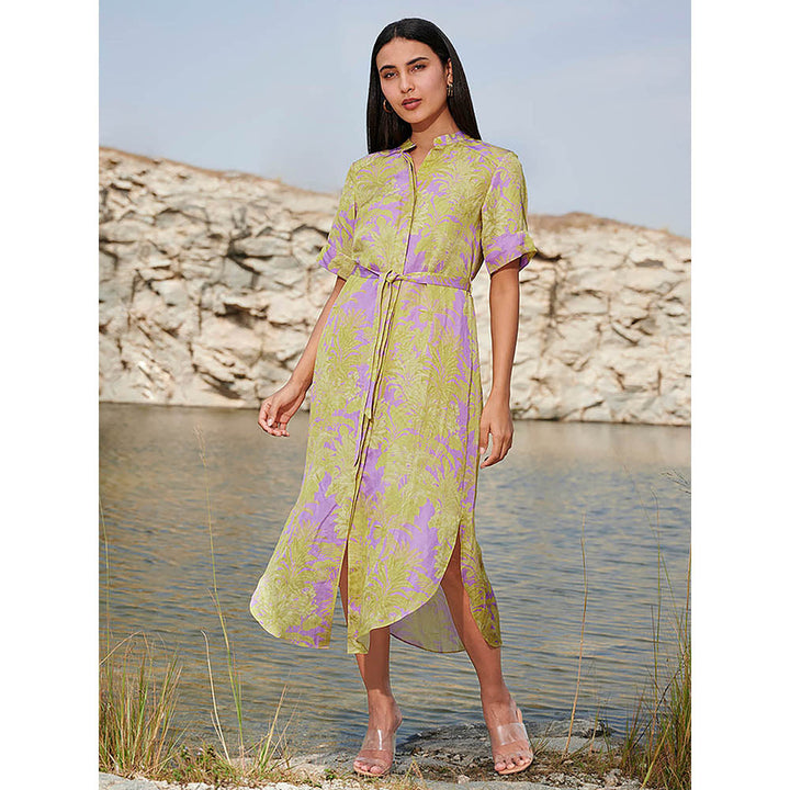 House of Soi Purple & Green Audrey Printed Dress with Belt (Set of 2)