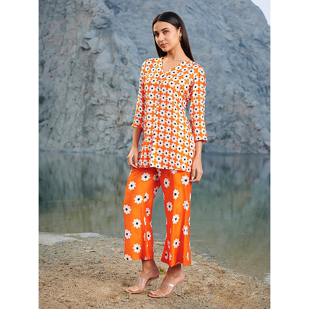 House of Soi Orange Floral Printed Tangerine Top & Pant Co-Ord (Set of 2)