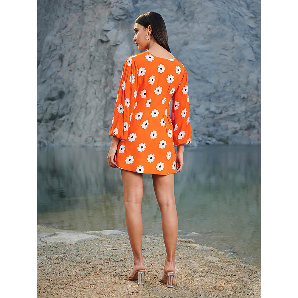 House of Soi Orange Floral Printed Mini Dress