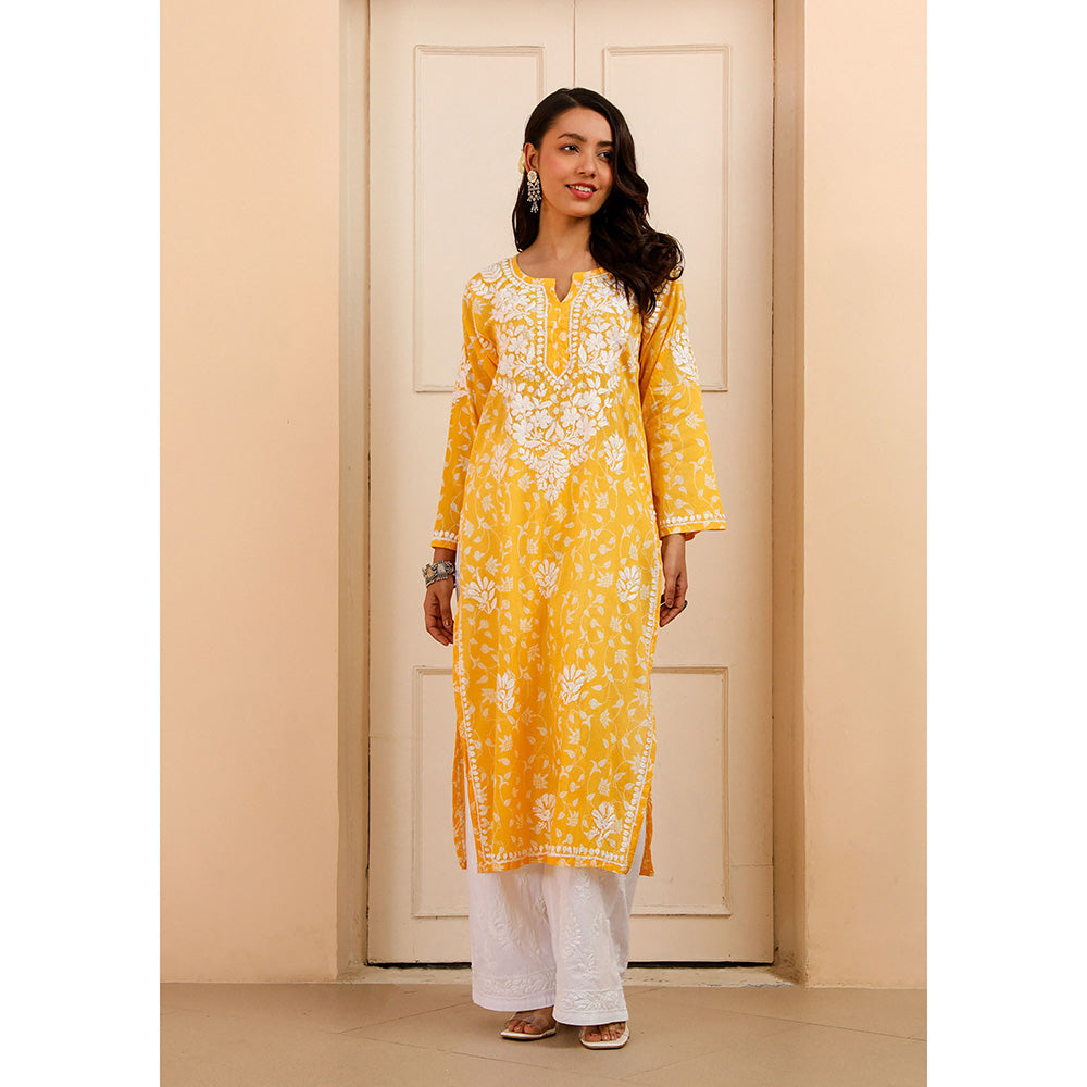 House of Chikankari Mulmul Chikankari Printed Women's Kurta - Yellow
