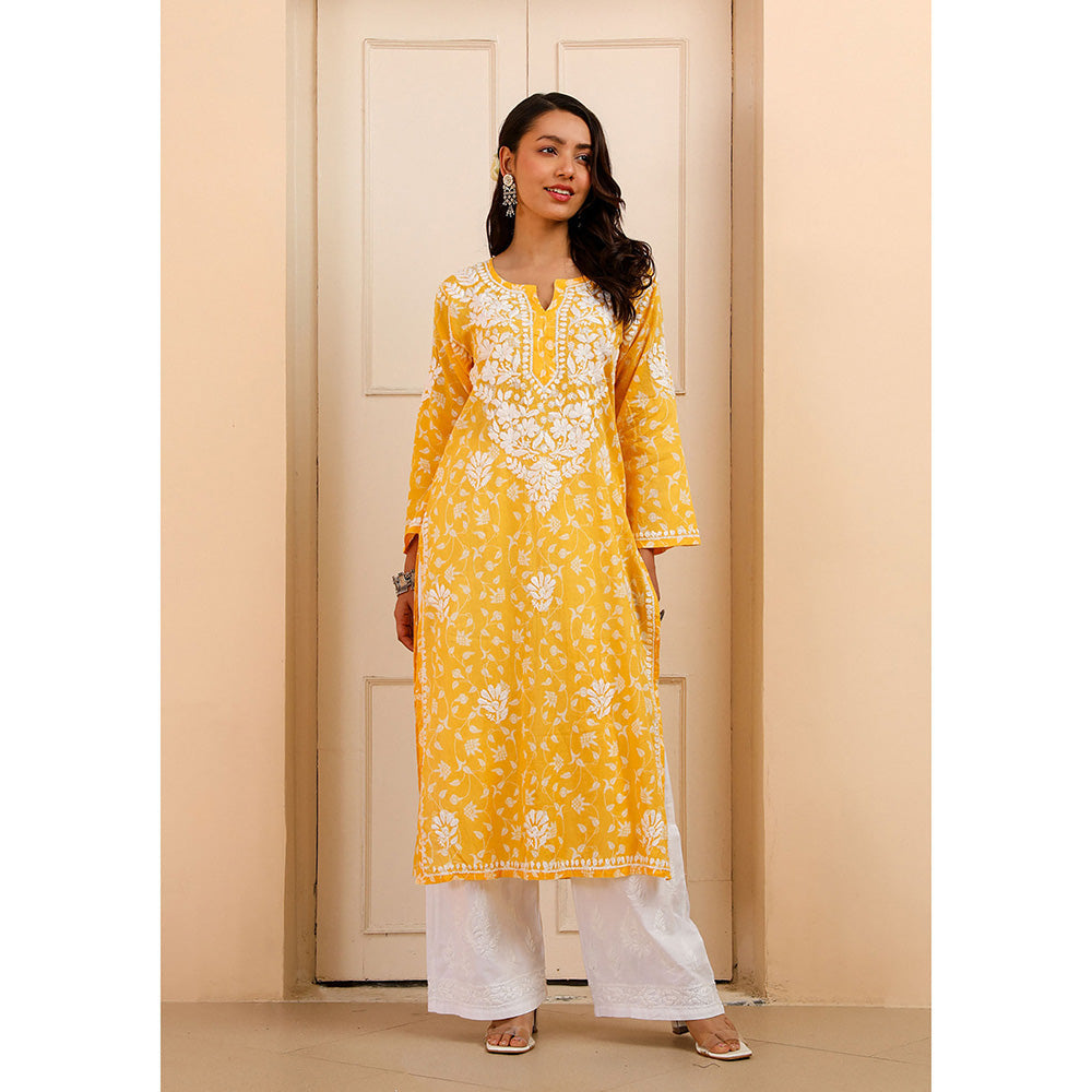House of Chikankari Mulmul Chikankari Printed Women's Kurta - Yellow