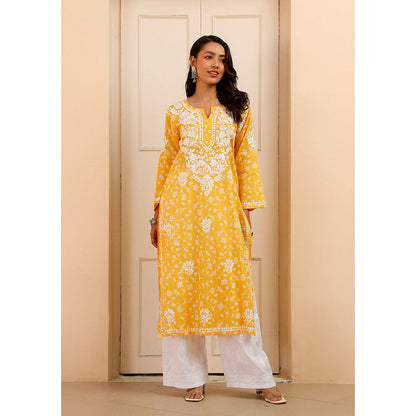 House of Chikankari Mulmul Chikankari Printed Women's Kurta - Yellow
