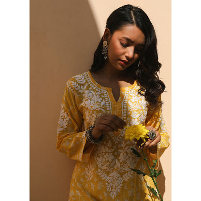 House of Chikankari Mulmul Chikankari Printed Women's Kurta - Yellow