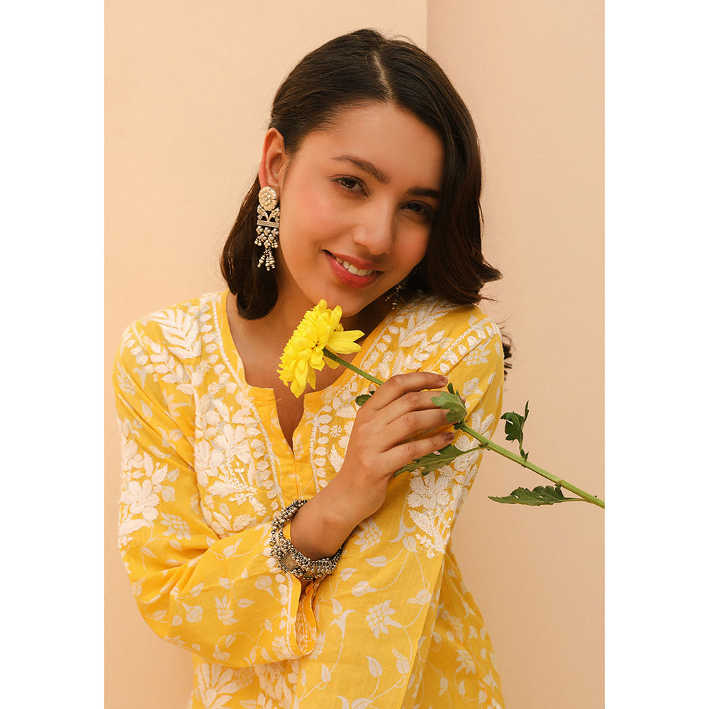 House of Chikankari Mulmul Chikankari Printed Women's Kurta - Yellow