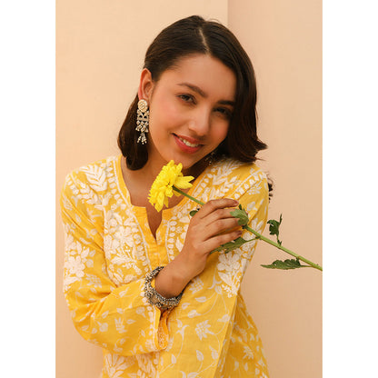 House of Chikankari Mulmul Chikankari Printed Women's Kurta - Yellow