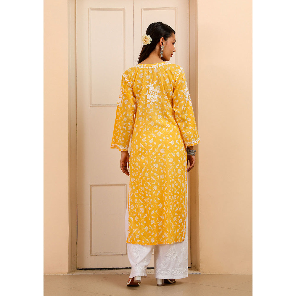 House of Chikankari Mulmul Chikankari Printed Women's Kurta - Yellow