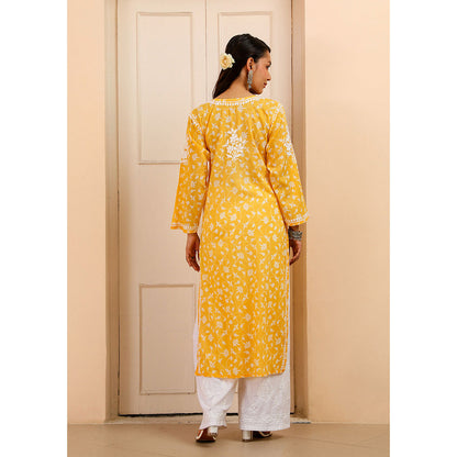 House of Chikankari Mulmul Chikankari Printed Women's Kurta - Yellow
