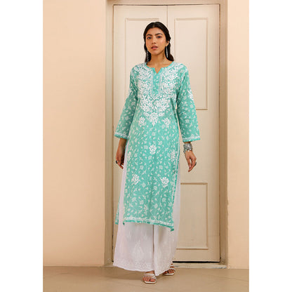 House of Chikankari Mulmul Chikankari Printed Women's Kurta - Green