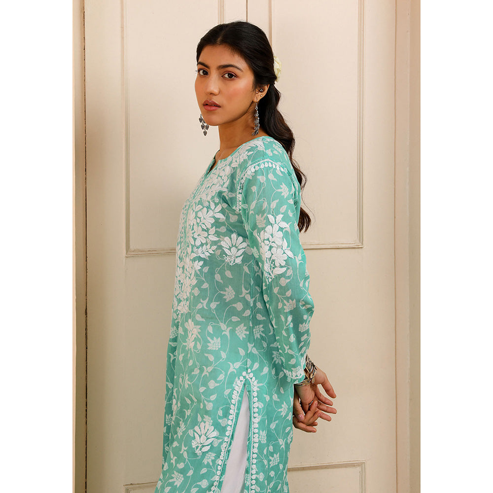 House of Chikankari Mulmul Chikankari Printed Women's Kurta - Green