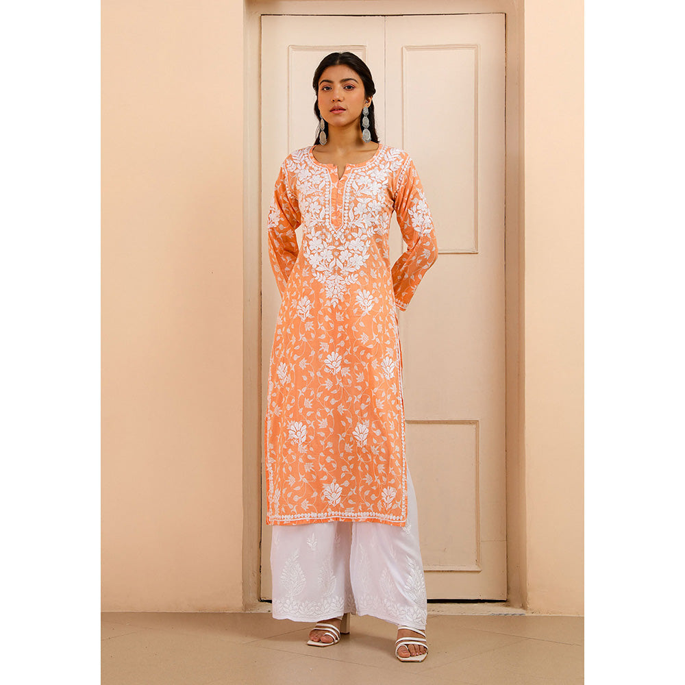 House of Chikankari Mulmul Chikankari Printed Women's Kurta - Orange