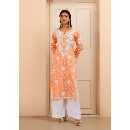 House of Chikankari Mulmul Chikankari Printed Women's Kurta - Orange