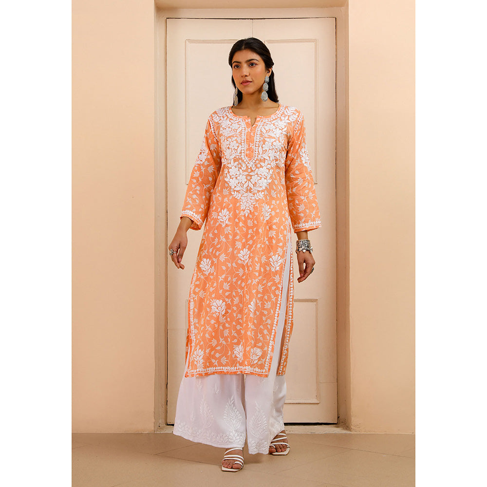 House of Chikankari Mulmul Chikankari Printed Women's Kurta - Orange