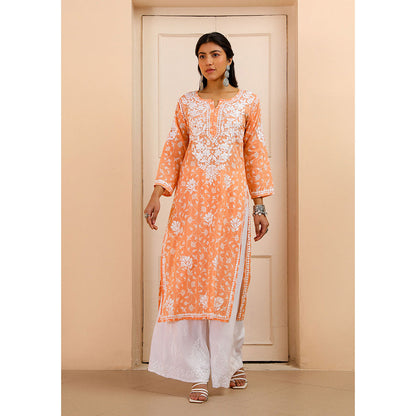 House of Chikankari Mulmul Chikankari Printed Women's Kurta - Orange