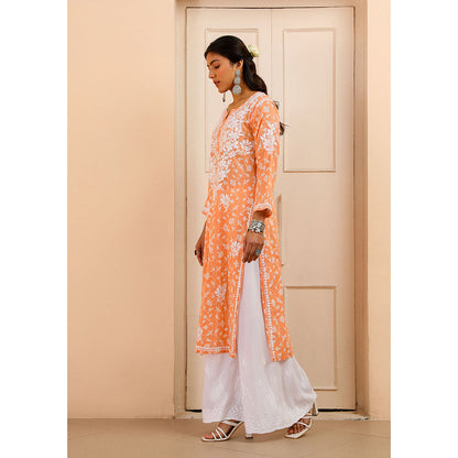 House of Chikankari Mulmul Chikankari Printed Women's Kurta - Orange