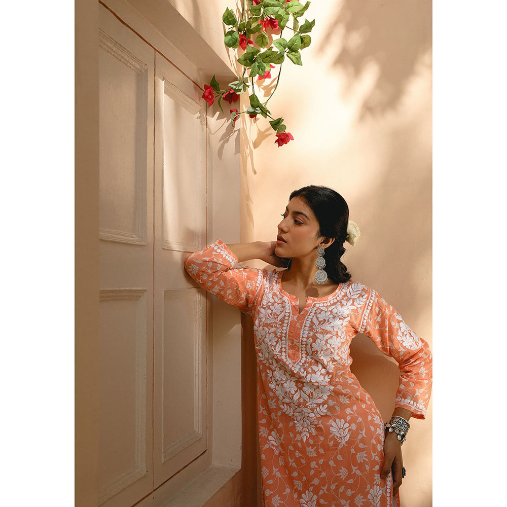 House of Chikankari Mulmul Chikankari Printed Women's Kurta - Orange