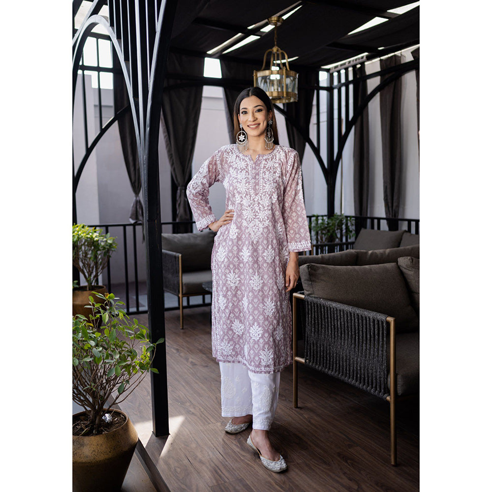 House of Chikankari Mauve Chikankari Mulmul Straight Kurta