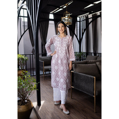 House of Chikankari Mauve Chikankari Mulmul Straight Kurta