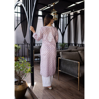 House of Chikankari Mauve Chikankari Mulmul Straight Kurta