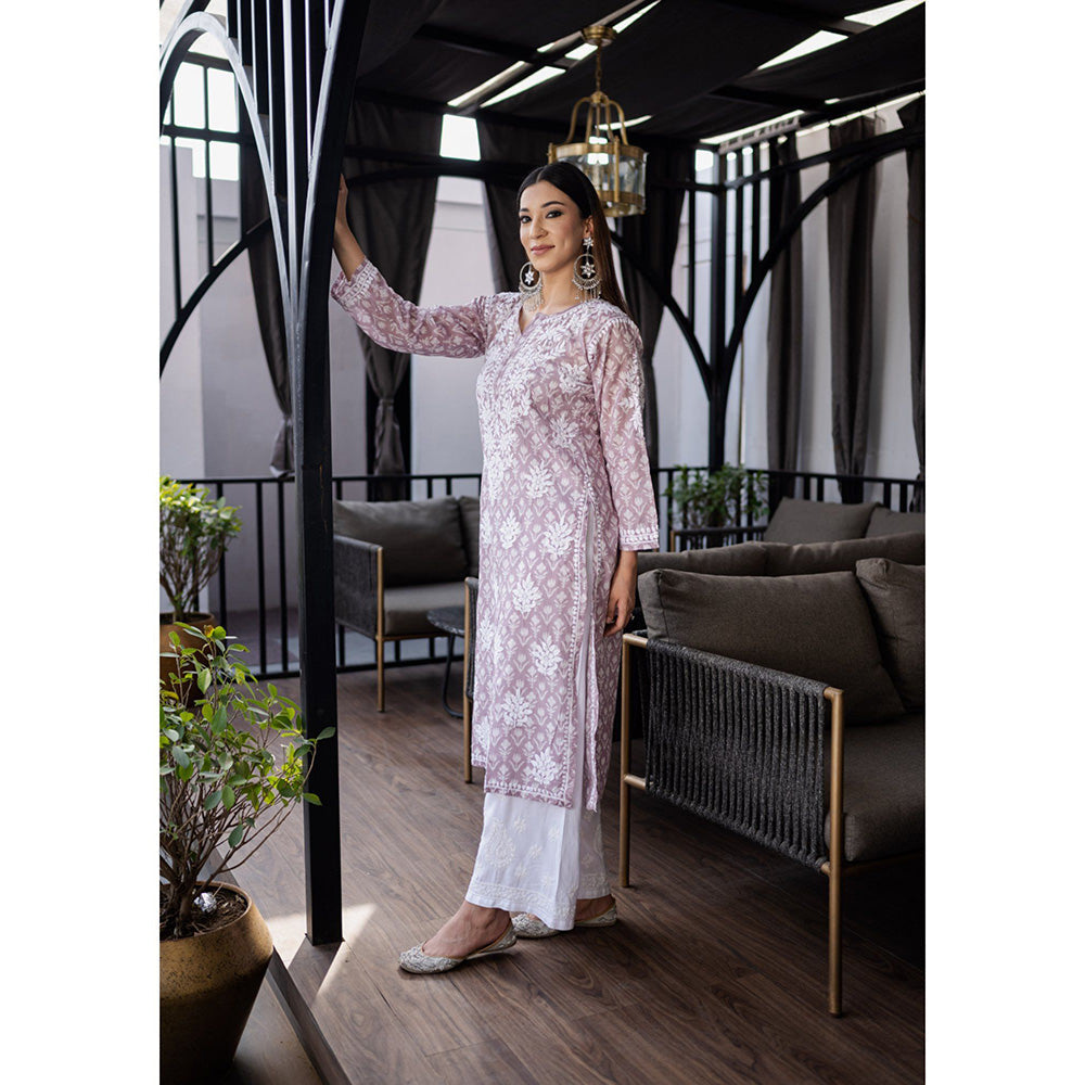 House of Chikankari Mauve Chikankari Mulmul Straight Kurta