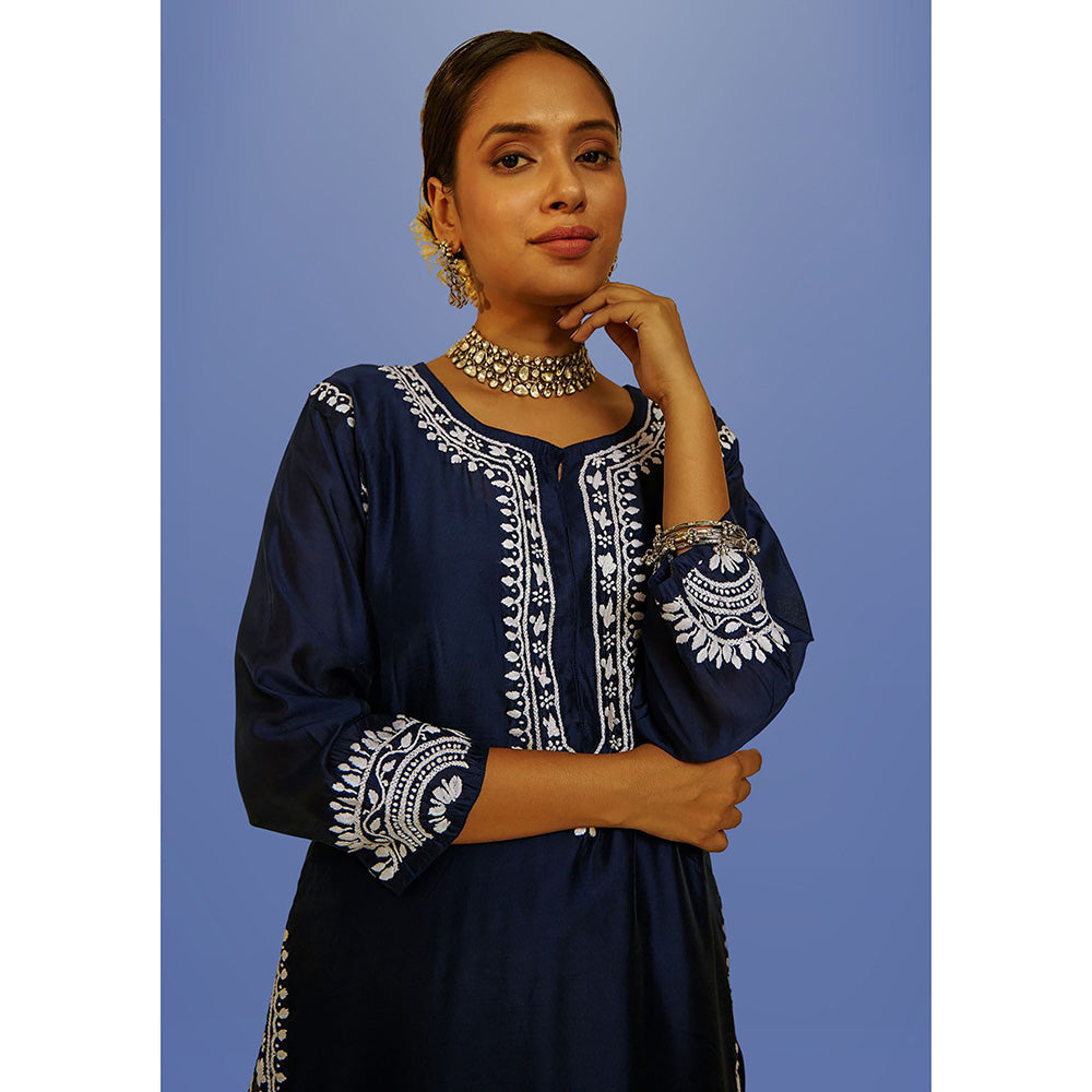 House of Chikankari Hana Chikankari Chanderi Straight Kurta with Pants (Set of 2)