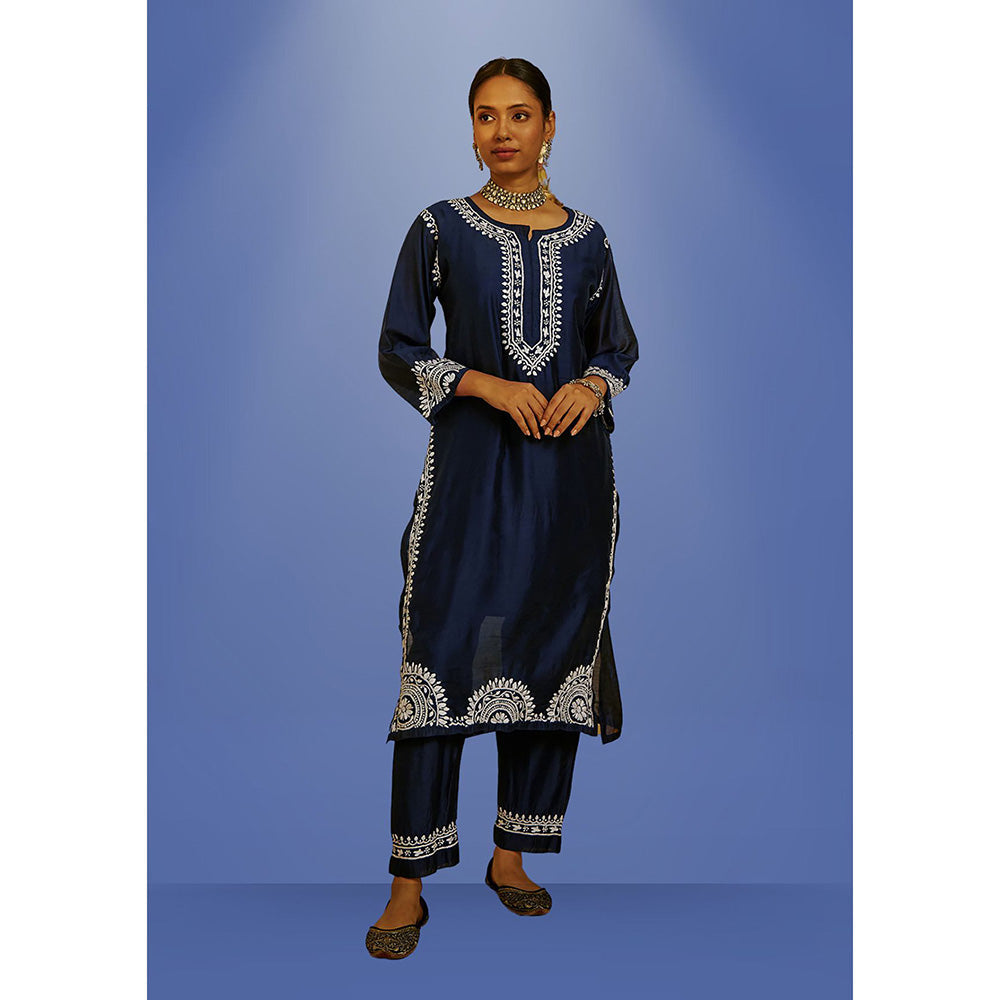 House of Chikankari Hana Chikankari Chanderi Straight Kurta with Pants (Set of 2)