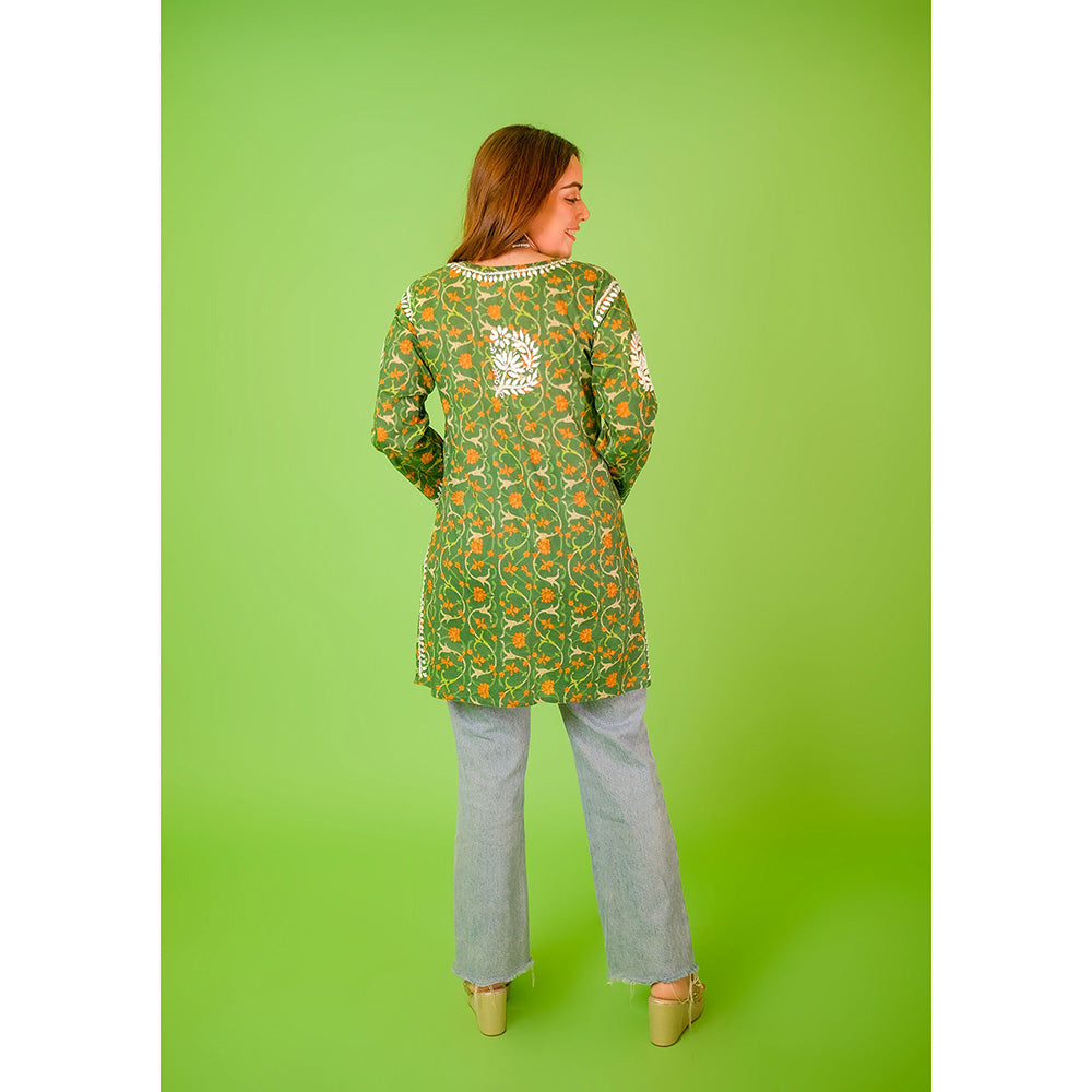 House of Chikankari Mulmul Chikankari Printed Womens Short Kurti-Green