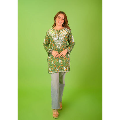 House of Chikankari Mulmul Chikankari Printed Womens Short Kurti-Green