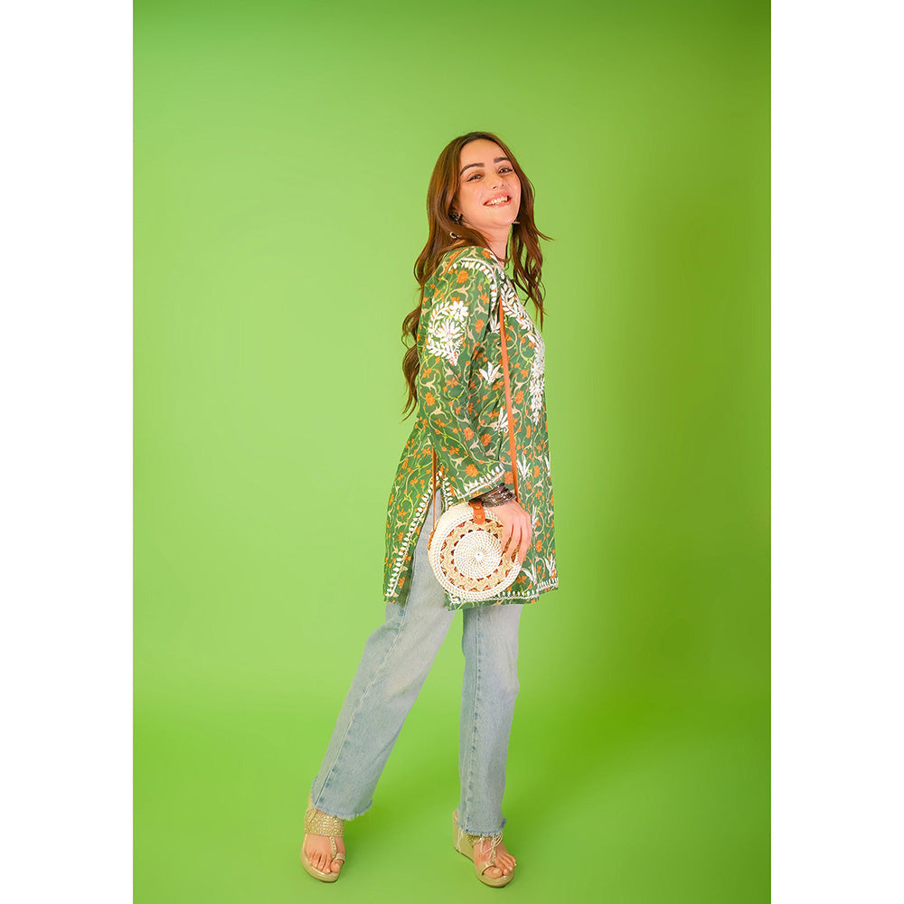 House of Chikankari Mulmul Chikankari Printed Womens Short Kurti-Green